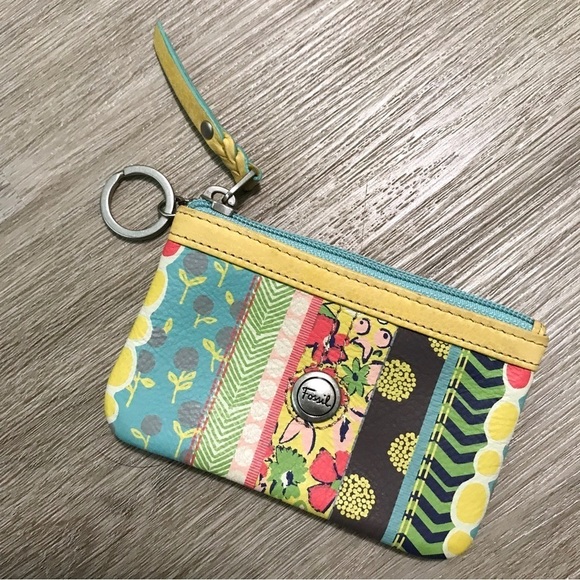 Fossil Keychain Zip ID Case Card Holder Wristlet Colorful Pattern Blue Yellow - Picture 1 of 7